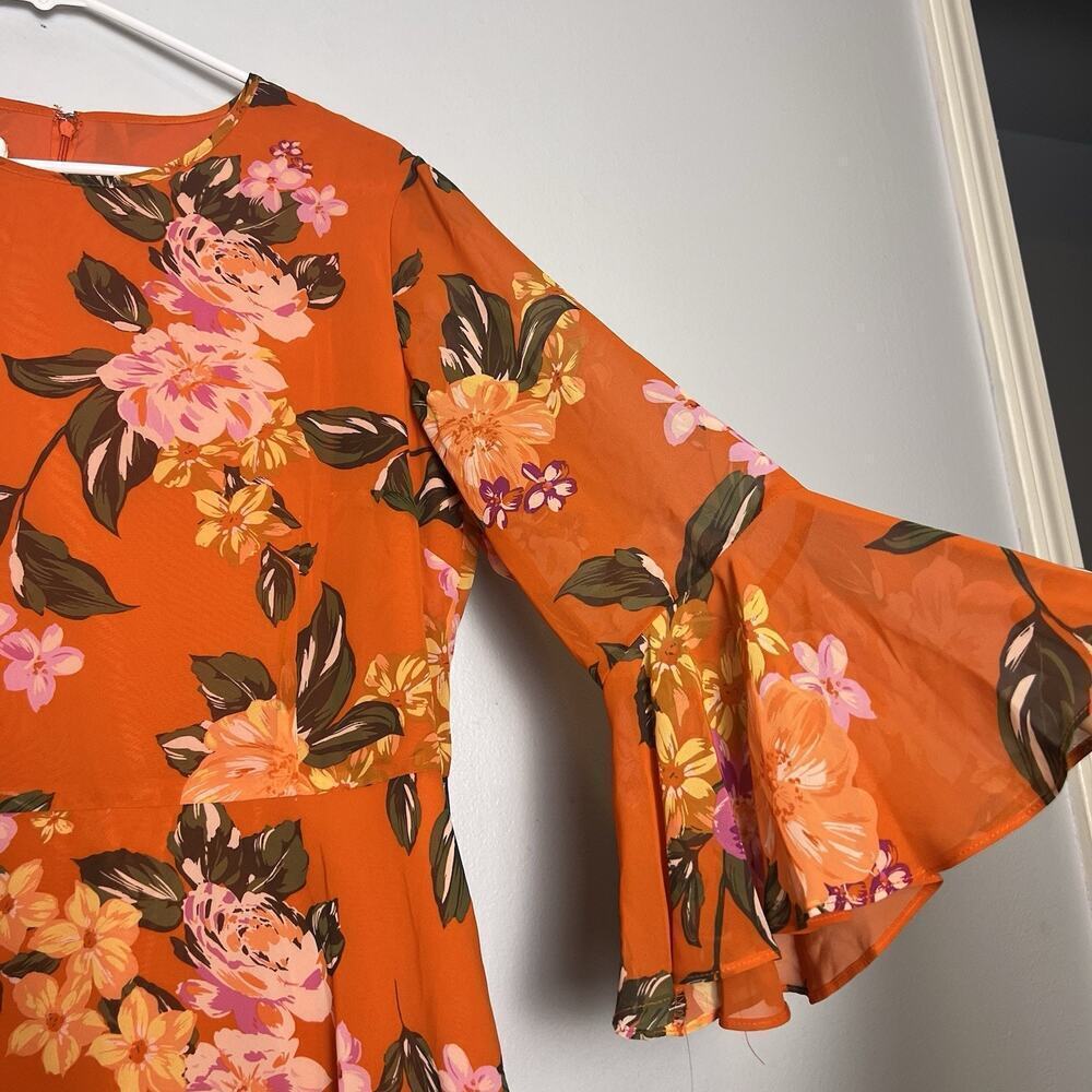 NWT Donna Morgan Bell Sleeve Floral Dress Sz 12 Orange Vacation Flowy Romantic - Picture 5 of 16